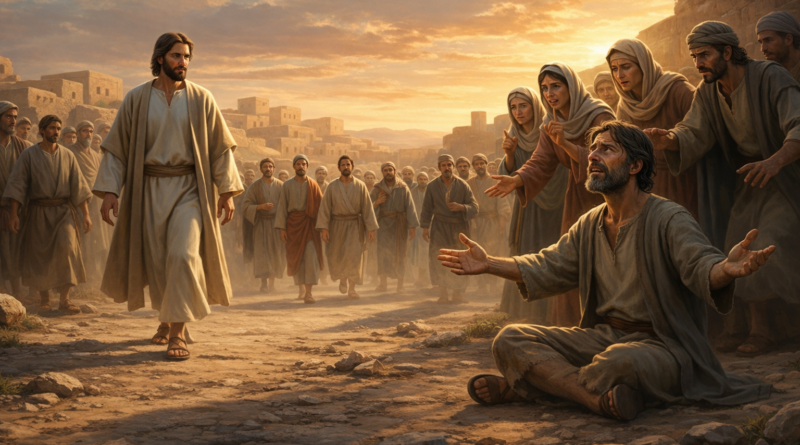 Jesus curando um homem cego diante de uma multidão em cenário bíblico ao pôr do sol