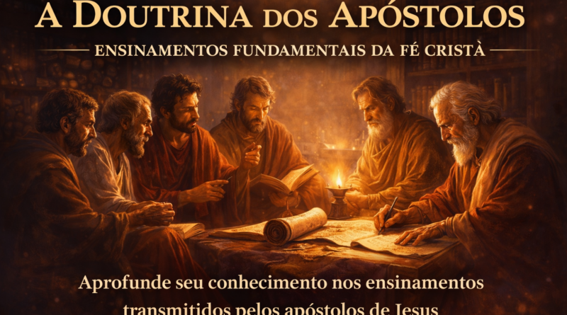 Apóstolos reunidos estudando escrituras em ambiente iluminado por luz quente, representando os ensinamentos fundamentais da fé cristã transmitidos por Jesus.