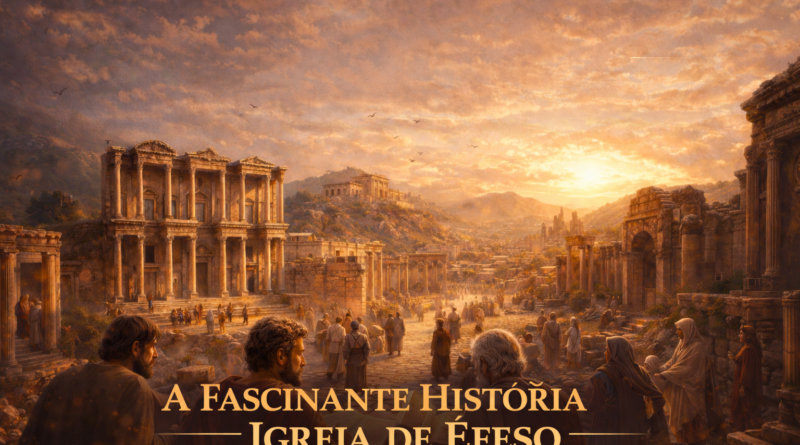 Cidade antiga de Éfeso ao pôr do sol com pessoas em trajes bíblicos e apóstolos ensinando, representando a história e o crescimento da igreja primitiva.