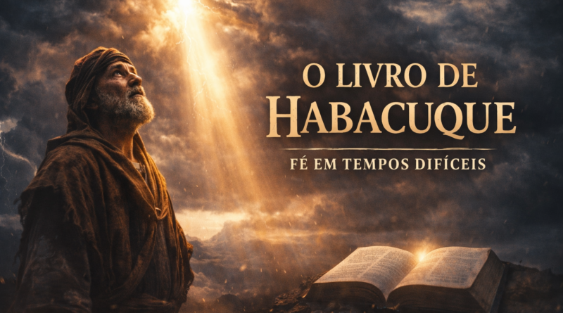 Profeta bíblico olhando para o céu com feixe de luz divina em meio a uma tempestade, representando fé e confiança em Deus no livro de Habacuque.