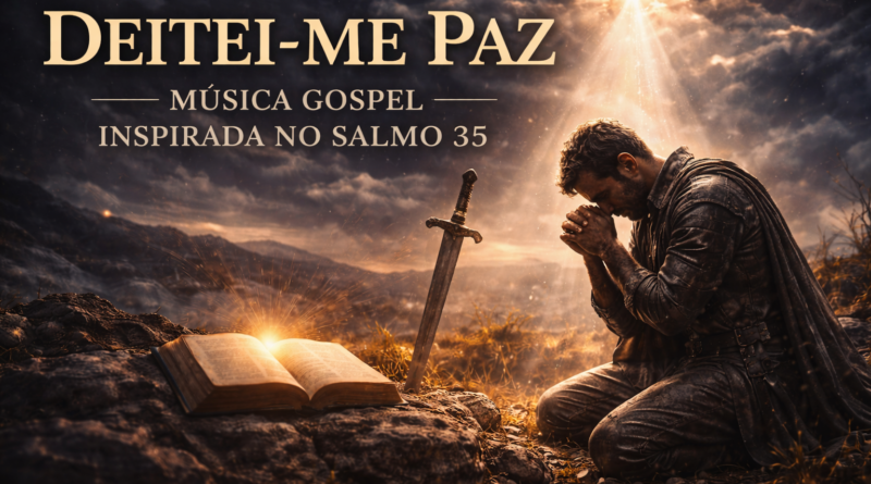 Homem ajoelhado em oração com luz divina iluminando uma Bíblia aberta e uma espada ao lado, representando fé, batalha espiritual e confiança em Deus no Salmo 3