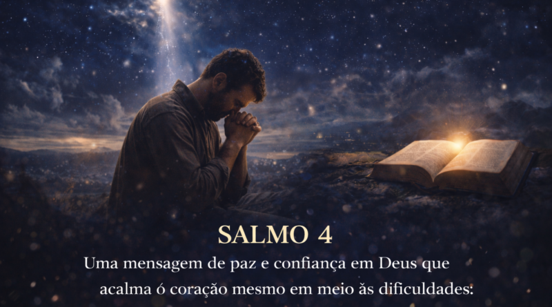 Homem ajoelhado orando sob o céu estrelado com luz divina iluminando uma Bíblia aberta, representando fé, paz e confiança em Deus no Salmo 4.