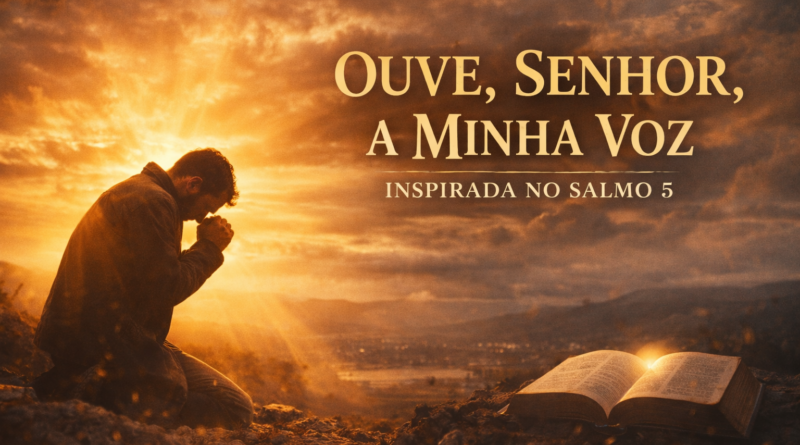 Homem orando ao amanhecer com luz divina iluminando o céu, representando oração, fé e confiança em Deus inspirada no Salmo 5.