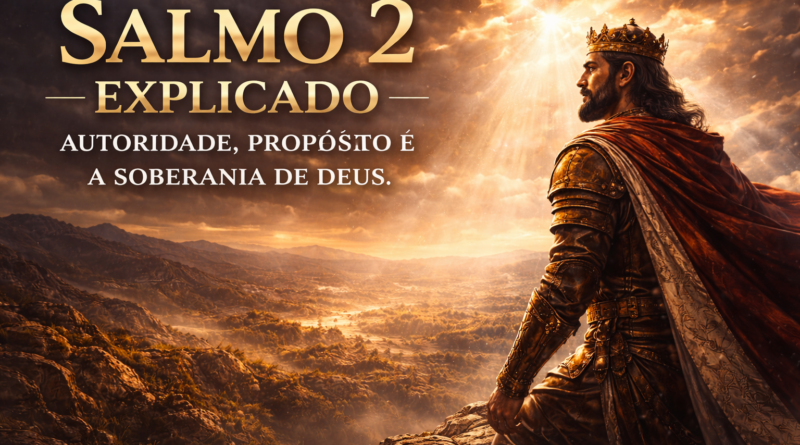 Figura masculina em posição elevada sob luz divina com céu dramático, representando autoridade espiritual e soberania de Deus no Salmo 2.